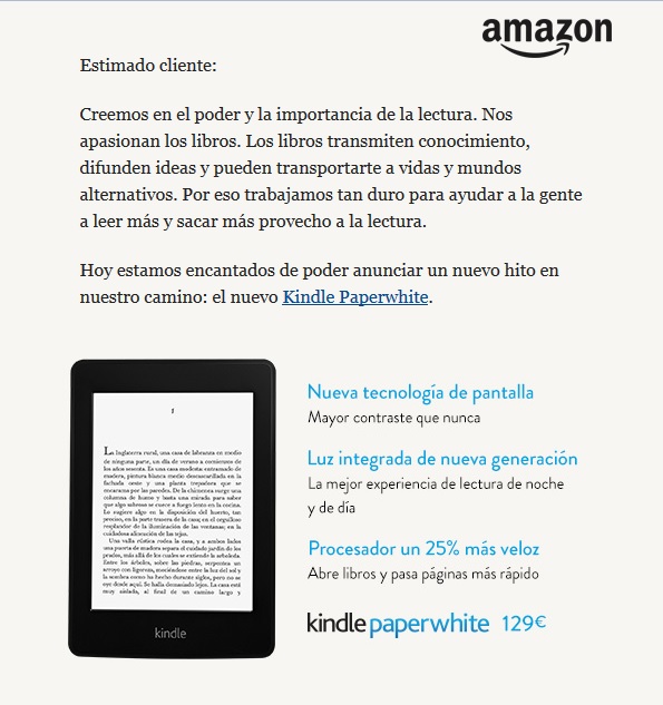 el anuncio del lanzamiento del nuevo Kindle en Amazon
