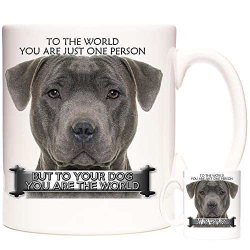 Blue Staffordshire Bull Terrier - Taza de cerámica para regalo, diseño de perro con texto en inglés "To Your Dog You are the world", apta para microondas y lavavajillas