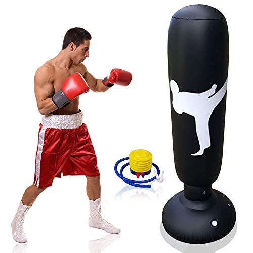 Columna de boxeo hinchable con pie para entrenamiento de fitness y boxeo, adolescentes y adultos, incluye hinchador de pie, 160 cm, Negro