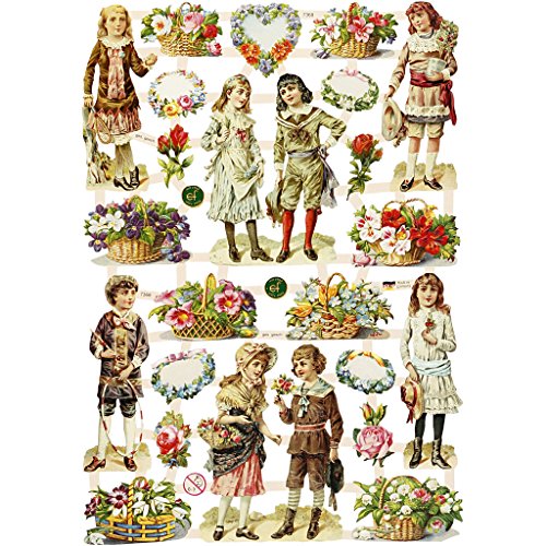 cromos vintage, hoja 16,5x23,5 cm, niños y flores, 3hoja