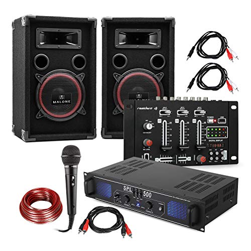 DJ Juego de PA DJ-14 USB - Amplificador de PA , Mesa de Mezclas USB , Pareja de Altavoces , Micrófono de Karaoke , Lote de Cables de conexión