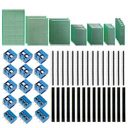IZOKEE 70 Piezas PCB Prototipo Kit, 7 Tamaños de Placa Prototipos Doble Cara con 40 Pines 2.54mm Conector de Cabeza Macho Hembra y 5mm Bloque de Terminales de Tornillo para Arduino