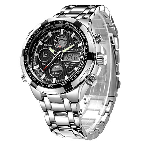 Reloj de pulsera analógico y digital de acero de lujo para hombre, color negro y plateado, deportivo, militar, para actividades en exteriores