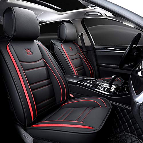 Asientos de auto de cuero de lujo para automóvil Cubiertas Juego completo de 5 asientos Universal (Negro-Rojo)