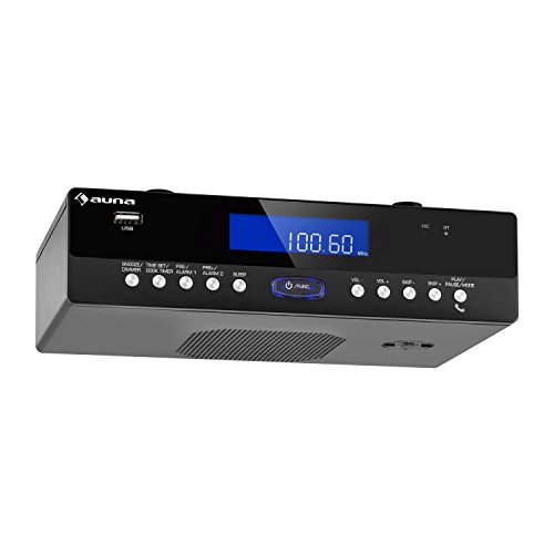 AUNA KR-100 BK Radio de Cocina (Radio para Mueble, FM, Sintonizador Manual y automático, Memoria 30 emisoras, Bluetooth, Manos Libres, Puerto USB Compatible con MP3, Alarma Dual) - Negro