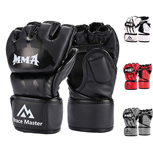 Brace Master MMA Gloves Guantes UFC Guantes de Boxeo para Hombres Mujeres Cuero Más Acolchado Saco de Boxeo sin Dedos Guantes para Kickboxing, Sparring, Muay Thai y Heavy Bag (Negro S)
