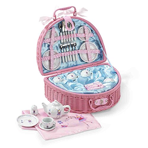 Cesta de pícnic de juguete y juego de té con hadas de Lucy Locket de color rosa para niños - Vajilla infantil de porcelana de 32 piezas