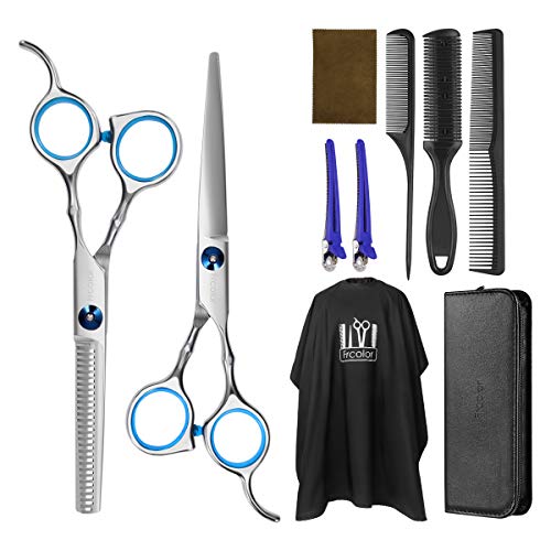 Frcolor - Juego de corte de pelo profesional, con tijeras para cortar el cabello, tijeras de entresacar, capa de peluquería, peine de cuchillas, clips
