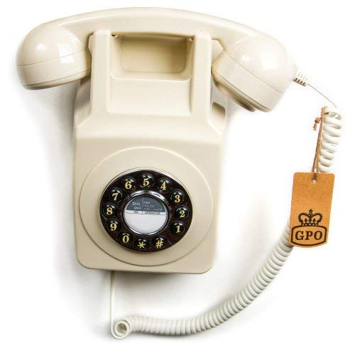GPO 746 Teléfono fijo retro de pared con pulsación de botones - Cable en espiral, timbre auténtico - Marfil