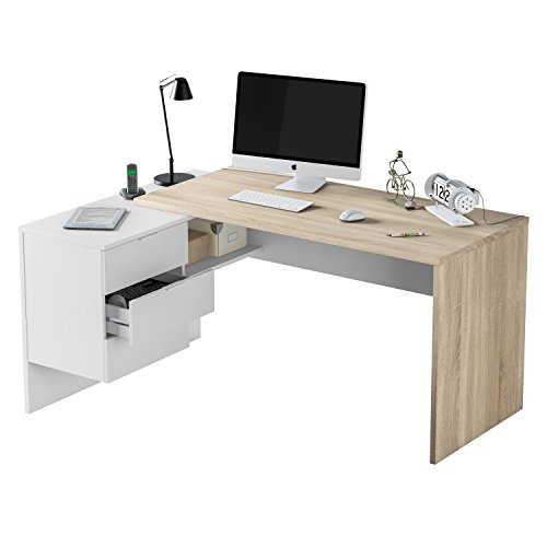 Habitdesign 0F4655A - Mesa Office, Mesa despacho Ordenador Modelo BUC 3 cajones, Color Blanco Artik y Roble Canadian