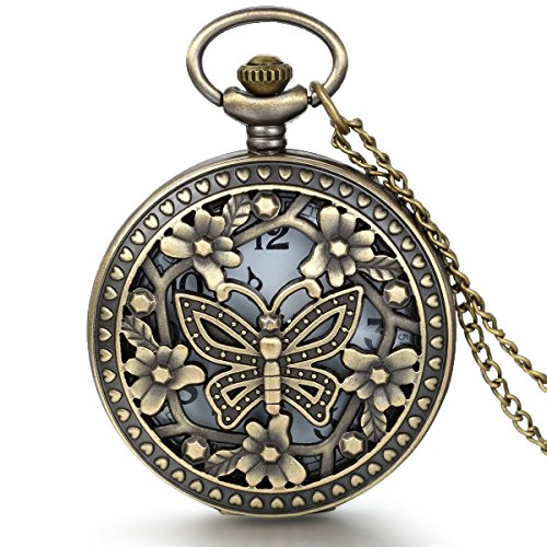JewelryWe Reloj de Bolsillo pequeño con Cadena Larga, Flores y Mariposa Retro Hueco Colgante para Vestido, Regalo para Mujer
