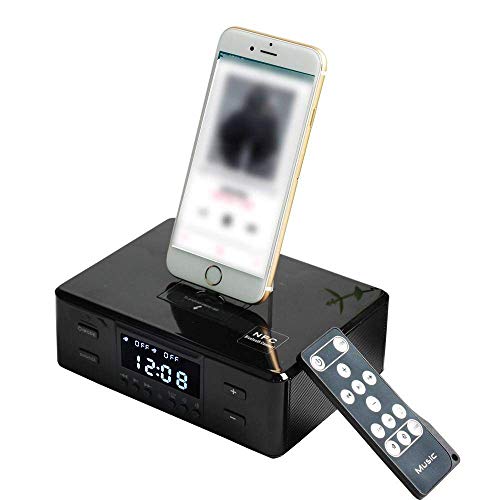 MX kingdom Docking Station Altavoz inalámbrico Bluetooth, doble despertador, radio FM con mando a distancia, base de carga giratoria para iPhone, Android, iPad, iPod, carga y reproducción