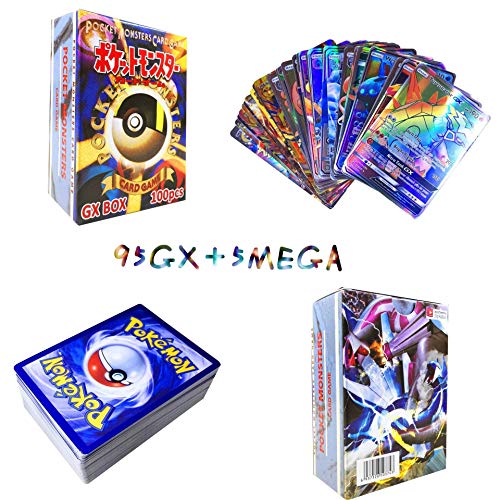 Sinwind 100 Piezas Pokemon Cartas, Tarjetas de Pokemon, Pokemon Trading Cards, Juego de Cartas, Cartas Coleccionables, Trainer Cartas, Cartas Pokémon Game Battle Card, Regalos para niños (95GX+5MEGA)