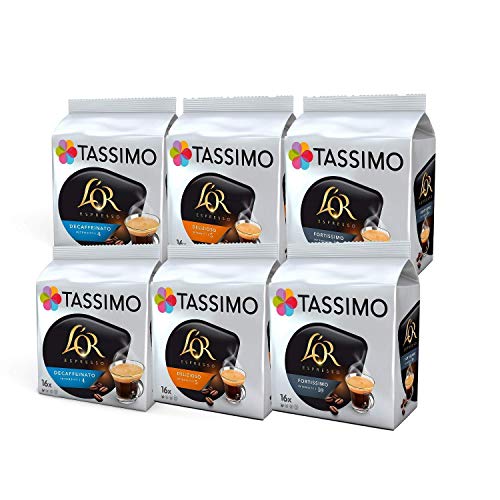Tassimo Coffee L'OR Espresso Bundle Cápsulas de Café - L'OR Decaffeinato, Delizioso, Fortissimo - 6 Paquetes (96 Porciones)