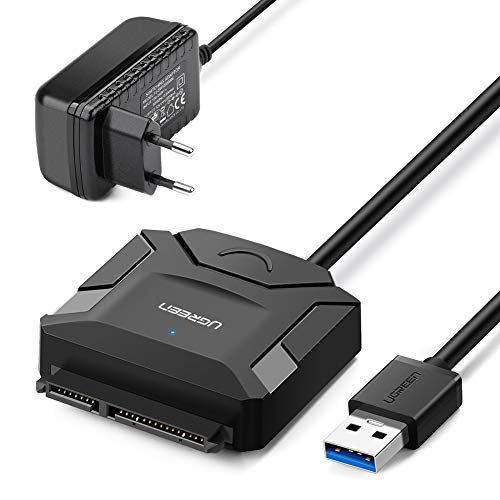 UGREEN Adaptador de USB 3.0 a SATA III con UASP Integrado Cable SATA para 3.5" y 2.5" Discos Duros HDD SDD, 16 TB MAX (12V Adaptador de Corriente Incluido)
