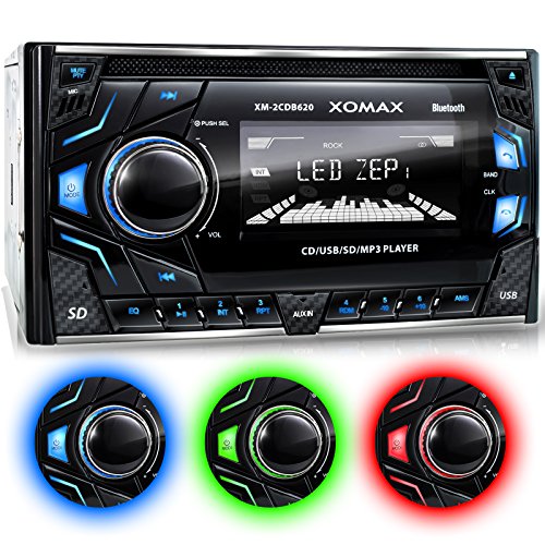 XOMAX XM-2CDB620 Autoradio CD-Receiver DIN 2 (doble DIN) Tamaño de montaje estándar + MOSFET 4x60 vatios + AUX-IN + 3 ajustables colores de iluminación: azul, rojo, verde + WMA + MP3 + USB y Micro SD (128 GB por Medio) + Bluetooth manos libres y música + 