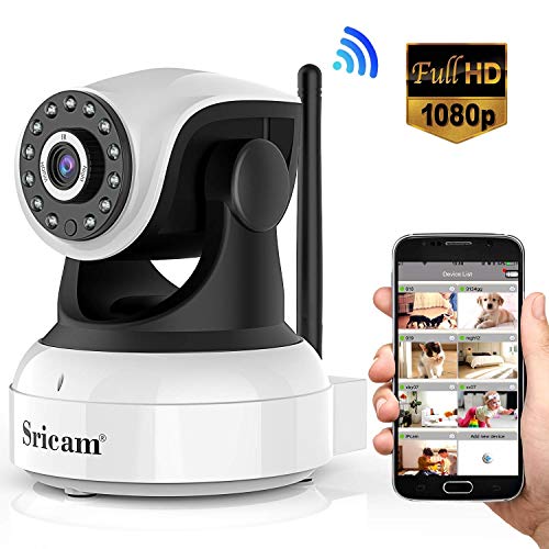 Sricam Ultima versión SP017 Cámara WiFi interior de vigilancia 1080P inalámbrica IP cámara, objetivos giratorios, audio bidireccional, modo noche a infrarrojos, compatible con iOS Android PC