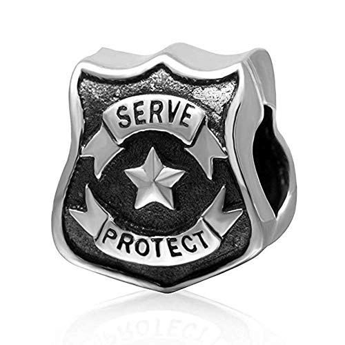 Abalorio de plata de ley 925 con diseño de escudo de la policía para pulsera Pandora, diseño de estrella de cinco puntas