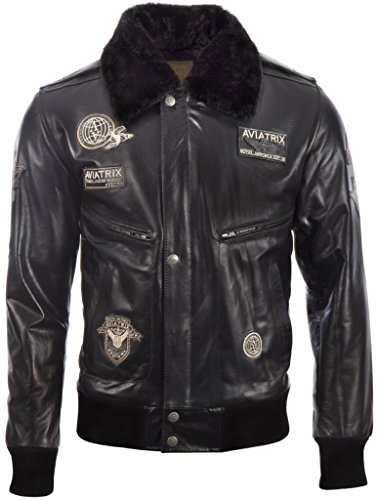 Aviatrix Hombre Bomber Pilot Flight Authentic Buffalo Leather Jacket (YBOB) Negro - L / 50 EU