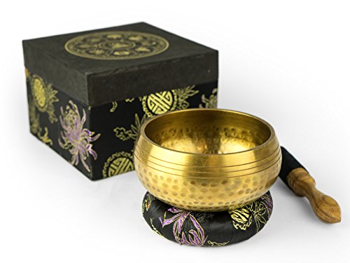 Cuenco tibetano antigua como Juego en caja de regalo, incluye anillo negro con dragón patrón y un mazo de madera y piel de 5033 de l de