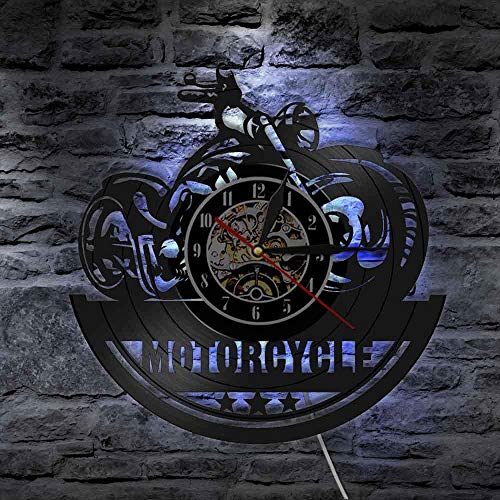 FDGFDG Abanico de la Motocicleta Retro Vinyl Record Reloj de Pared Taller de reparación de Garaje Decoración de Arte de Pared Luz de Pared Biker Club Man Cave Moto Reloj