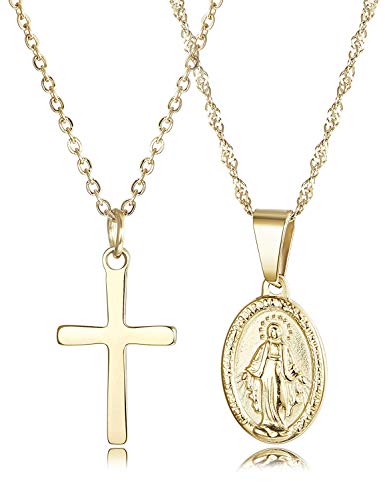 Finrezio 2 Piezas 14K Chapado en Oro Acero Inoxidable Joyería Católica Cristiana Cruz y Virgen Maria Collar Colgante para Mujer Collar de Múltiples Capas