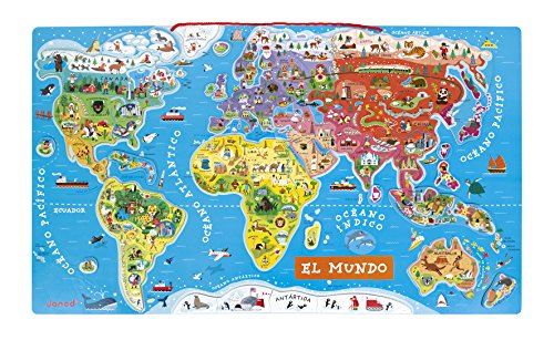 Janod - Puzzle magnético del Mundo de madera, Version en Español, 92 piezas(J05503)