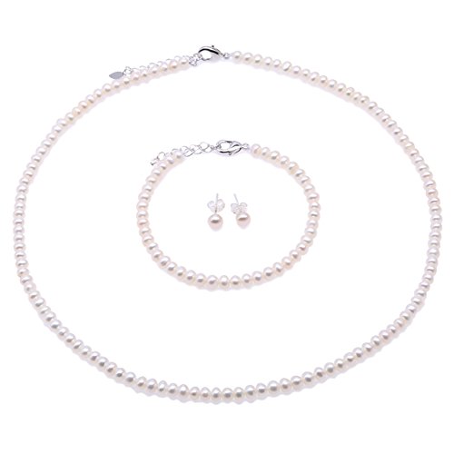 JYX Juegos de Joyas de Perlas Tamaño pequeño 4.5-5.5mm Pulsera de Collar de Perlas Blancas y 925 Pendientes de Plata de Ley Conjunto de Joyas - con Cadena Ajustable