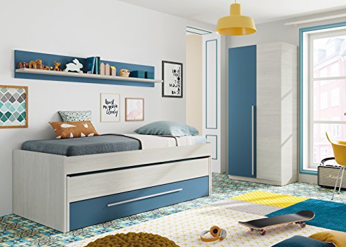 Pack habitación Juvenil con Cama Nido Estante de Pared, Armario y SOMIERES INCLUIDOS Color Blanco y Azul