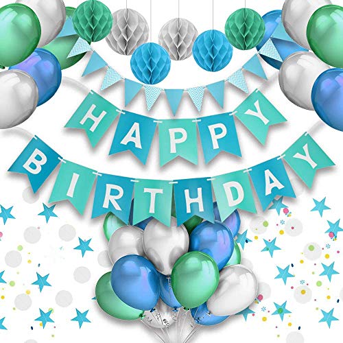 PushingBest decoración cumpleaños, 6 pañuelo de Papel, Pompones 30PCS Globos de látex (10 Piezas x Azul / Verde / Blanco).