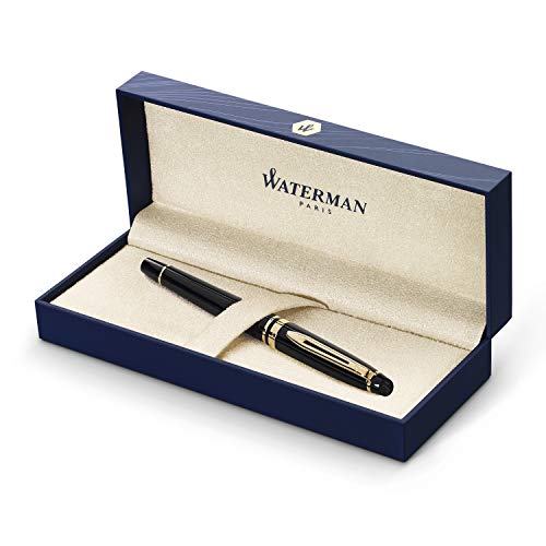Waterman Expert pluma estilográfica, brillante con adorno de oro de 23 quilates, plumín mediano con cartucho de tinta azul, estuche de regalo,  color negro
