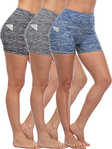 Cadmus - Pantalones cortos de fitness para mujer con bolsillos laterales Gris 15# Negro y gris y azul marino, paquete de 3 M