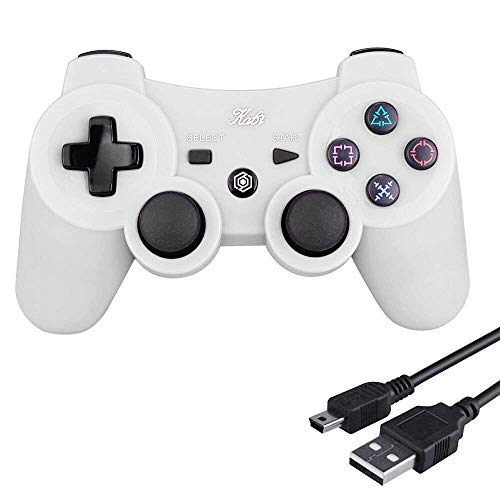Controlador inalámbrico Bluetooth 6 Axis de Doble Choque Joystick para Controlador PS3 Playstation 3 Controlador con Cable de Carga Gratis Kabi Blanco