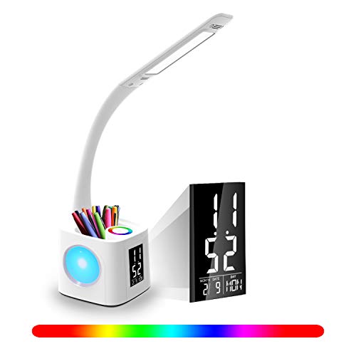 Lámpara de Escritorio YOUKOYI LED con puerto de Carga USB para Estudio, 3 Niveles Lámpara de Escritorio Regulable Con Reloj, Luz de Noche Color, Control Táctil 8W 2A（Sin Función de Temperatura）
