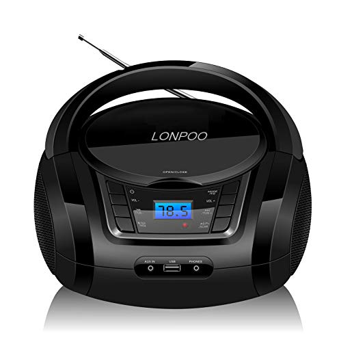 Lectores de CD portátiles，Radio CD / MP3 Portátil Reproductor CD con Bluetooth/FM/USB/AUX-IN/Salida de Auriculares/Estéreo Altavoz (Negro)