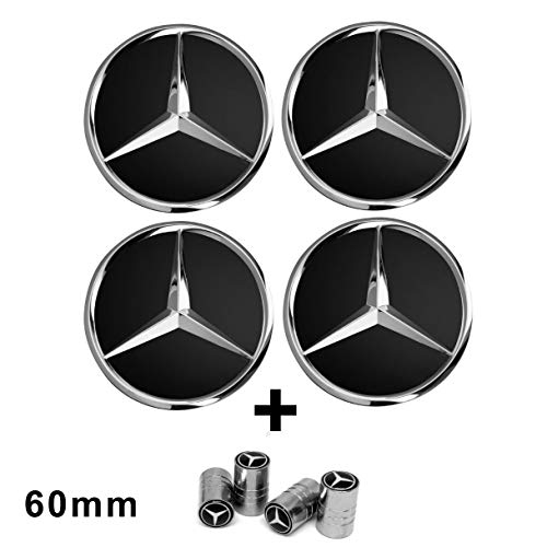 Libra - 4 Tapones para llantas de 60 mm con el logo Mercedes Benz - Color negro - Clase A, B, C, E, CLK, GL, M, ML, SLK - Para llantas de aleación