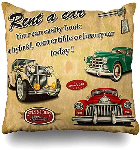 N/A Retro Vintage Rent Car Travel Insurance Vehicle Automotive Abstract Cushion Case Home Decor Square Size 18 x 18 Inches Design Throw Pillow Cover Pillowcase