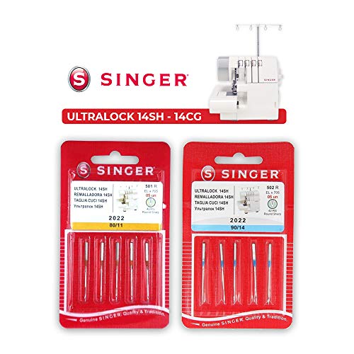 Pack de 10 Agujas Singer 2022 (501R - 502R) para Overlock Singer 14SH, 14CG y otras Grosores 80/12 y 90/12 ELx705 15x1
