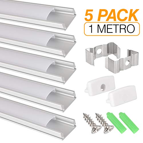 Perfil de aluminio para tira LED, Pack de 5 canaletas de 1 metro para LED con cubierta / tapa blanca translucida protectora. Incluido todo necesario para montaje. (PLATA 00)