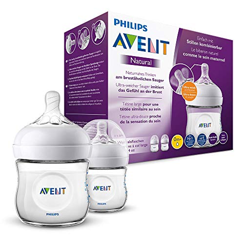 Philips Avent Biberón Natural SCF030/27 - Pack de dos biberones de 125 ml con tetina con flujo para recién nacidos, diseñada para imitar el tacto del pecho, 0% BPA, 0m+, color transparente