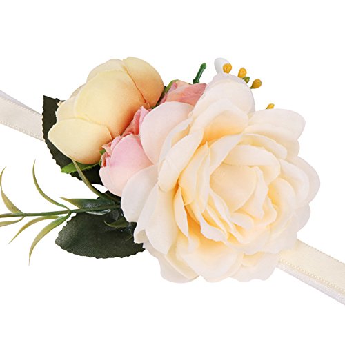 Westeng Romántico Pulsera de Flores para Boda Decoración de Damas de Honor Rose Ramillete de Flores Artificiales para Mujer Novia Fiesta de la Boda Decoración Size 7cm (Beige)