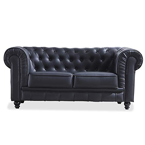 Adec - Chesterfield, Sofa de Dos plazas, Sillon Descanso 2 Personas Acabado en simil Piel Color Negro, Medidas: 166 cm (Largo) x 84 cm (Fondo) x 75 cm (Alto)