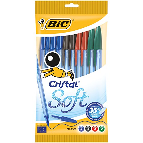 BIC Cristal Soft bolígrafos punta media (1,2 mm) - colores Surtidos, Blíster de 10 unidades