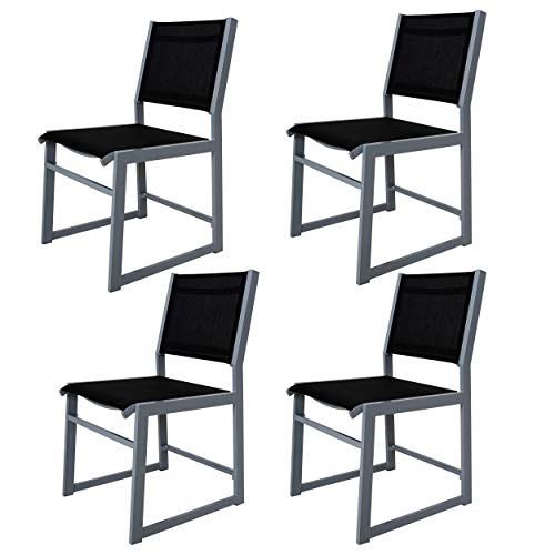 Chicreat - Juego de 4 sillones de aluminio tapizados para jardín (negro y plateado)
