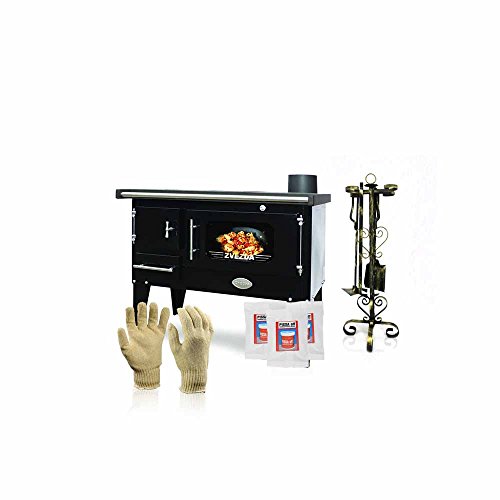 Cocina de leña Zvezda, modelo Narodna E; negra, salida de calor de 7 kW, horno, placas calefactoras, patas y accesorios