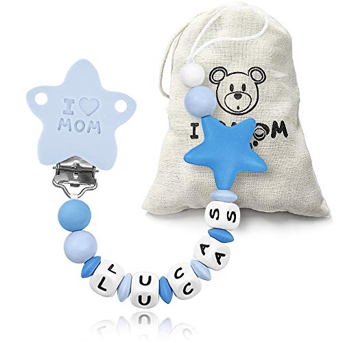 RUBY - Chupetero personalizado para bebe con nombre bola silicona antibacteria con pinza de plástico. Chuptero Estrella (Azul)