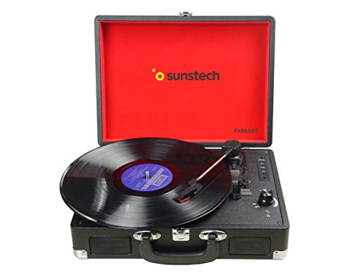 Sunstech PXR6SBTBK - Giradiscos portátil (Bluetooth, USB, MP3) 33/45/78 RPM, Maleta Portátil con 2 Altavoces Integrados, Grabador de Vinilo a MP3, USB Reproductor MP3, Entrada AUX y RCA, Negro.