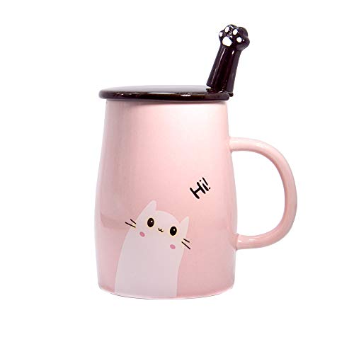 Taza Linda del Gato Taza de café de cerámica con Cuchara de Acero Inoxidable para Gatitos, Hola ~ Taza de café de la Novedad Regalo para los Amantes del Gato Rosado (Rosado)