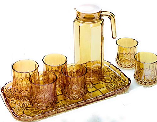 Vajilla de cristal de color café trasplantado de 8 piezas, juego de vajilla de 1,0 l, jarra, 6 vasos y 1 bandeja jarra, jarra de zumo con tapa