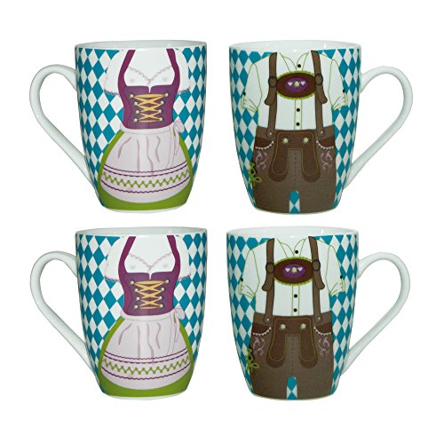 ebos Set de 4 Tazas | 4 x Bavaria Dirndl Pantalones de Cuero -Taza | Taza de Porcelana, Taza de café, Taza de té | Caja Fuerte para lavavajillas (Azul-Blanco)